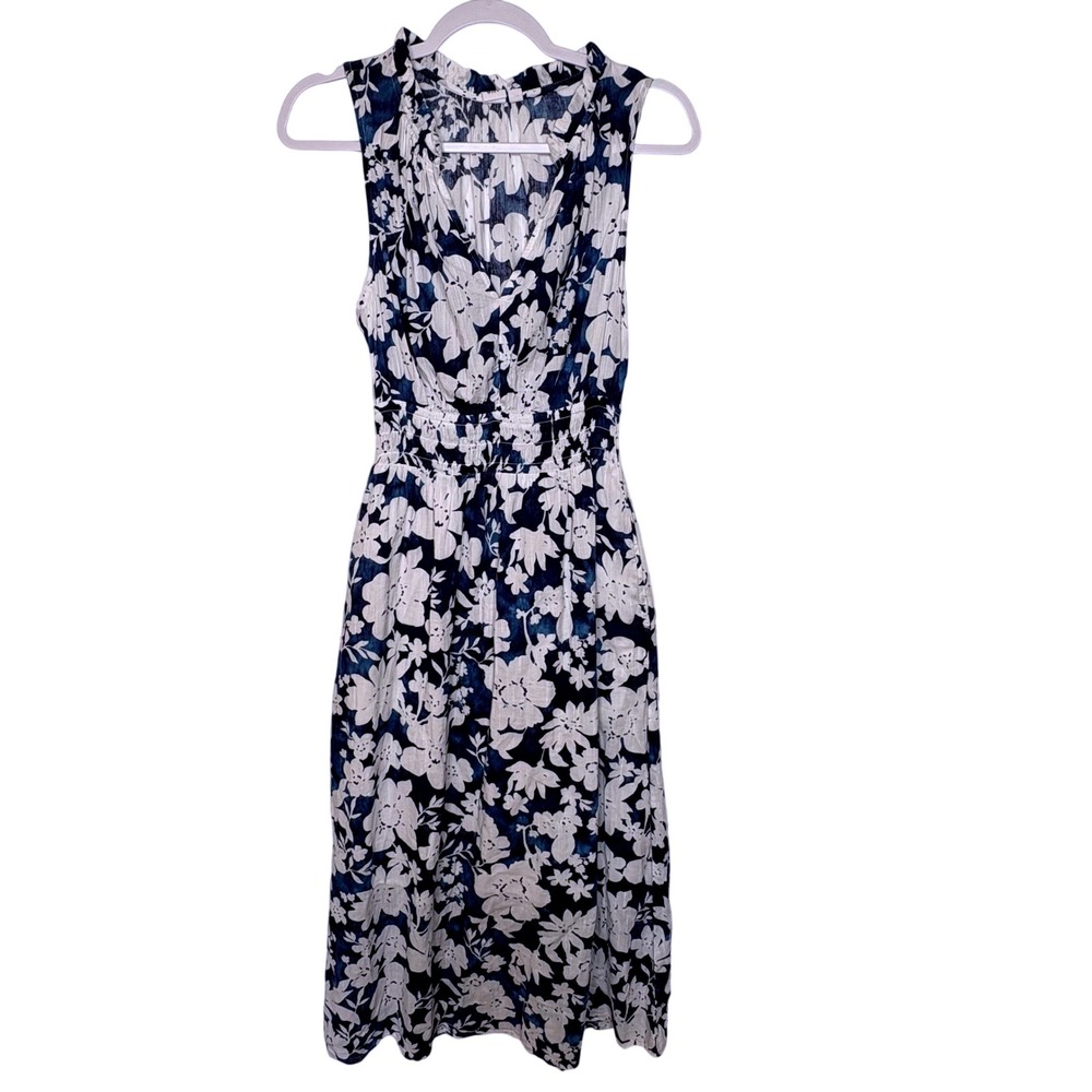 GAP Blue White Floral Splitneck Smocked Waist Maxi Dress S Boho Coastal Summer